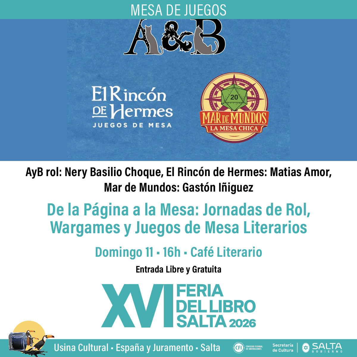 XVI Feria del Libro Salta 2026 - De la Página a la Mesa: Jornadas de Rol, Wargames y Juegos de Mesa Literarios.