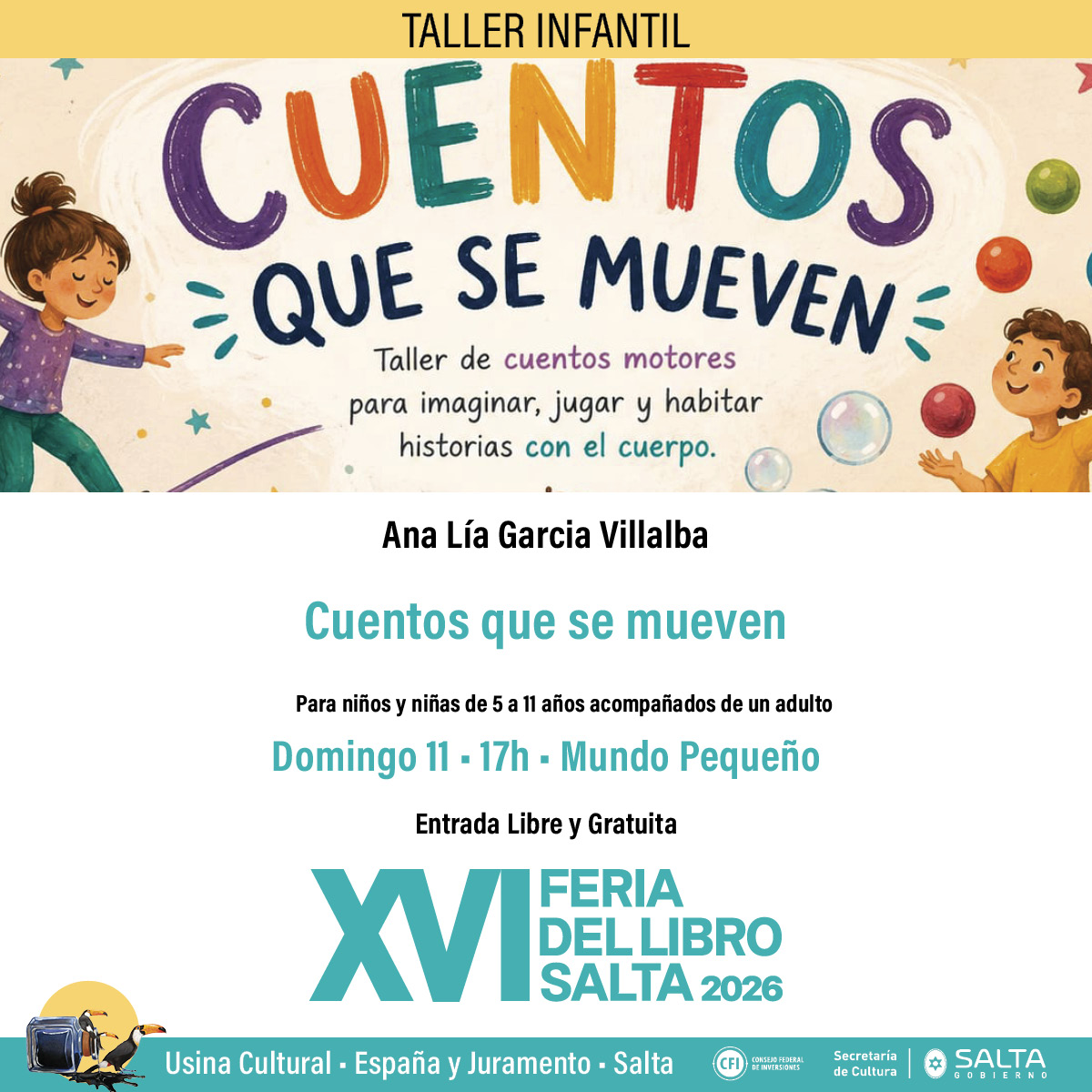 XVI Feria del Libro Salta 2026 - Taller infantil "Cuentos que se mueven".